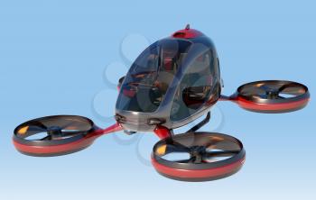 Electric Passenger Drone flying in the sky. This is a 3D model and doesn't exist in real life. 3D illustration
