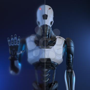 Robotstands in front of glass wall. 3D illustration