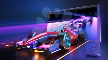 Racing car flying out of laptop screen. Race car with no brand name is designed and modelled by myself. 3D illustration