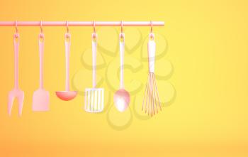 Pink Kitchenware on yellow background. 3D illustration