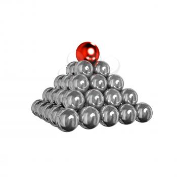 3d pyramid of shiny silver balls with red ball on top