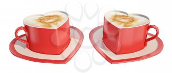 Two symmetrical red heart-shaped coffee cups with saucers