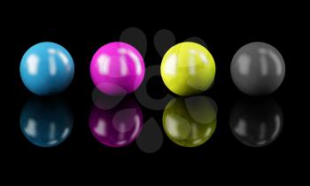 Set of balls isolated on black: CMYK colors