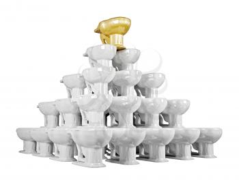 3d pyramid of shiny ceramics lavatory pan with gold one on top