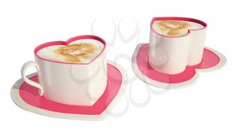 Two pink heart-shaped coffee cups with saucers