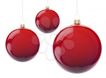 Red Christmas balls hanging on white. 3d render with HDR