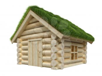 Wooden house isolated on white. Grassy roof. 3D render