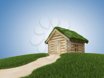 Pathway to wooden house with grassy roof. 3D render