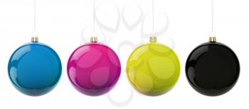 Multi-colored Christmas balls hanging on white. CMYK colors. 3d render with HDR