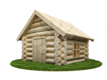 Wooden house on green meadow. Isolated on white. 3D render