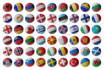 Europe football. Set of soccer balls with flags. 3D render