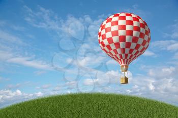 Red-white Hot Air Balloon in the blue cloudy sky. 3D render