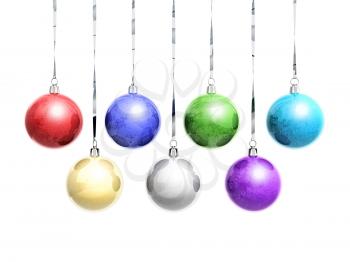 Set of frozen colorful Christmas balls with frost hanging on ribbons isolated on white