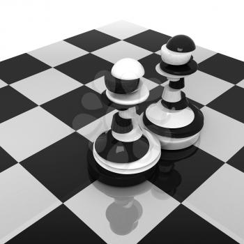 Sliced black and white pawns on chessboard. Treason and duplicity concept illustration