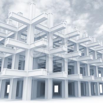 3d abstract architecture light blue monochrome background. Modern white braced construction above cloudy sky