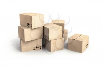 Pile of new cardboard boxes isolated on white with soft shadow
