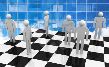 White abstract 3d people stand on chessboard with blue glass office wall on a background. Office workers competition concept