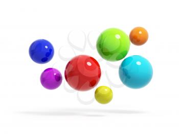 Seven colorful glossy spheres flying isolated on white background