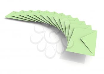Batch of light green envelopes on white background with soft shadow