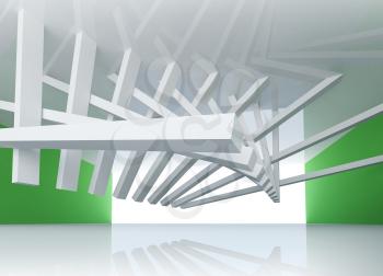 3d abstract architecture background. Room Interior with tilted beams ceiling installation and glowing end