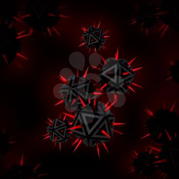 Abstract illustration of a virus as a few red sharp objects with spikes against black background