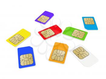 Colorful phone SIM cards isolated on white background. 3d render illustration