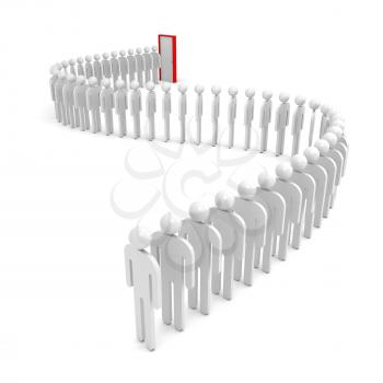 A queue of abstract people waiting near the red door. 3d render illustration isolated on white