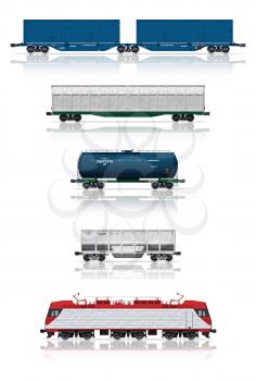 3d render illustration isolated on white: Set of modern freight railroad cars with electric locomotive