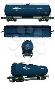 3d render illustration isolated on white: Projections and perspective view of the modern blue tank car with text labels (Russian)