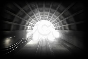 3d render: illustration with glowing end of subway tunnel. View from driver cabin with motion blur