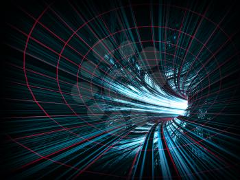 Abstract background: fast motion in turning blue tunnel with the light at the end
