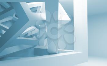 Blue and white abstract 3d interior with chaotic construction of cubes