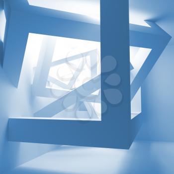 Blue abstract 3d interior with construction of cubes