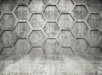 Abstract concrete interior with honeycomb structure on gray wall