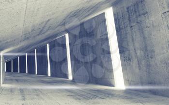 Empty abstract concrete tunnel interior with tall windows and lights