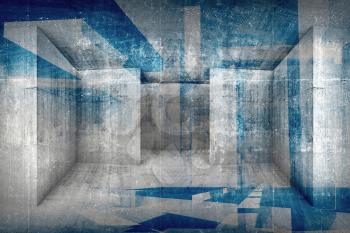 Abstract architectural 3d background with grunge concrete room interior and blueprint pattern