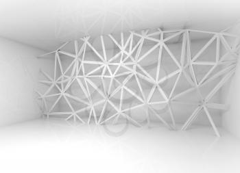 Abstract white room interior with chaotic 3d wire frame construction over the wall