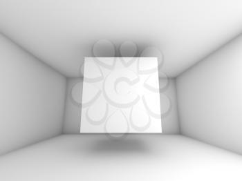Abstract white room interior with flying cube. 3d background illustration