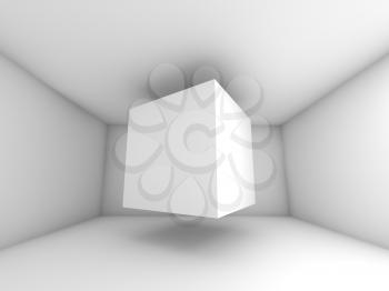 Abstract white room interior. 3d background illustration with flying cube