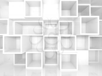 Abstract empty 3d interior with white square shelves on the wall, perspective effect