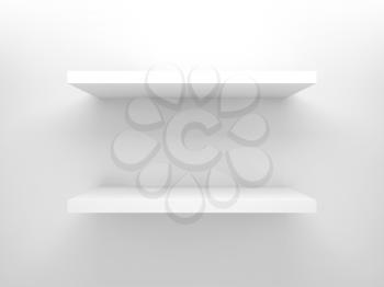 Abstract 3d design element, empty white shelves with soft shadow mounted on the wall