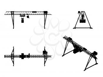 Container bridge gantry crane. Black silhouette isolated on white background. render of 3d model. Main projections and isometric view