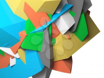 Abstract colorful  chaotic polygonal fragments on white background. 3d illustration