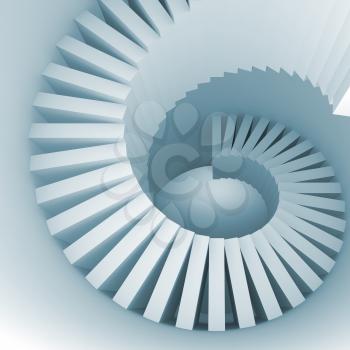 Abstract blue white spiral interior perspective with stairs. 3d illustration