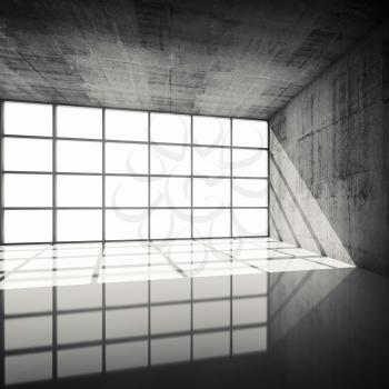 Abstract architecture background, empty concrete interior with bright windows in modern frames, 3d illustration with retro toned filter, instagram style