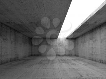 Abstract architecture background, empty concrete room interior with white asymmetric opening in ceiling, 3d illustration