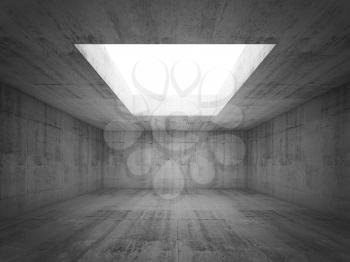 Abstract architecture background, symmetric empty dark concrete room interior with white opening in ceiling, 3d illustration