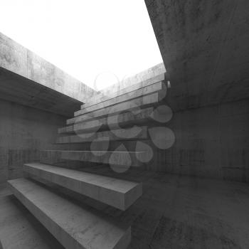 Abstract empty dark concrete 3d illustration interior background with flying stairway going up