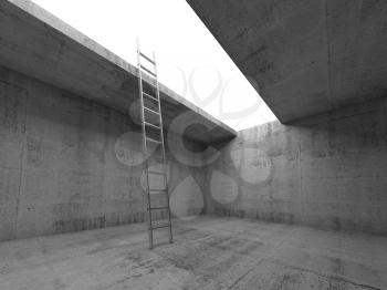Metal ladder goes up to the light out from the dark concrete room interior, 3d render illustration