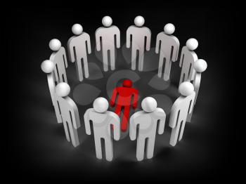 Twelve abstract white 3d people stand in ring with one red lying person inside isolated on black